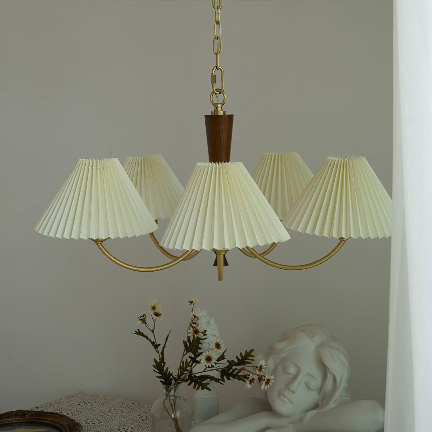 Elegant Mid Century Brass and Walnut Wood Chandelier with White Pleated Fabric Shades