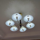 Elegant Mid Century Brass and Walnut Wood Chandelier with White Pleated Fabric Shades