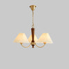 Elegant Mid Century Brass and Walnut Wood Chandelier with White Pleated Fabric Shades