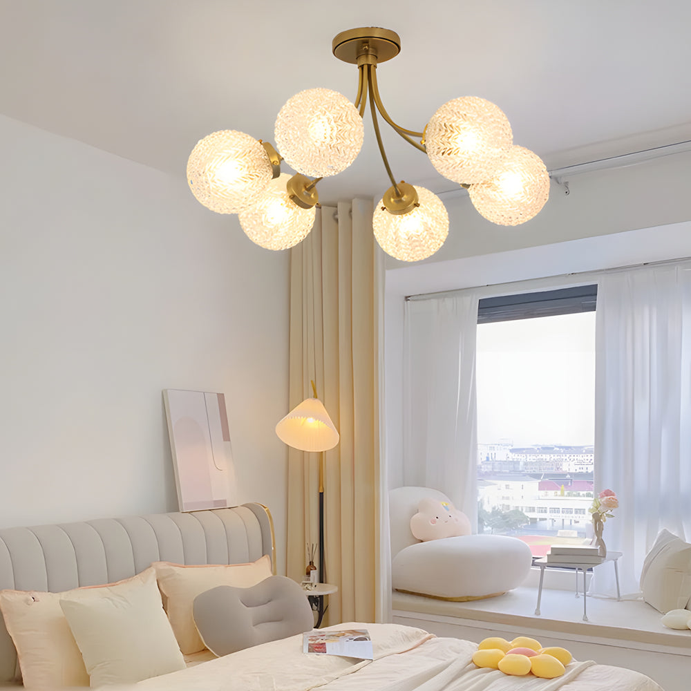 Elegant Modern Brass Semi Flush Mount Ceiling Light with Carved Glass Shades 6 and 8 Light Options
