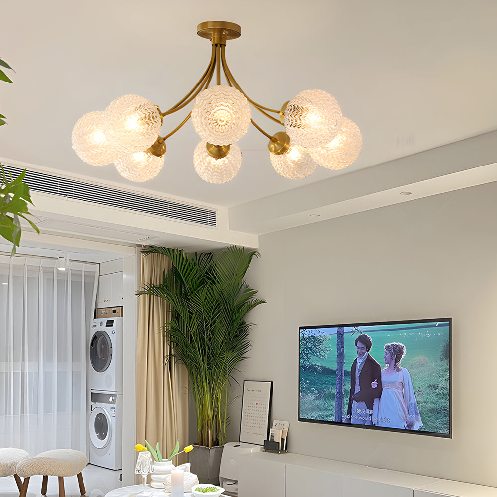 Elegant Modern Brass Semi Flush Mount Ceiling Light with Carved Glass Shades 6 and 8 Light Options