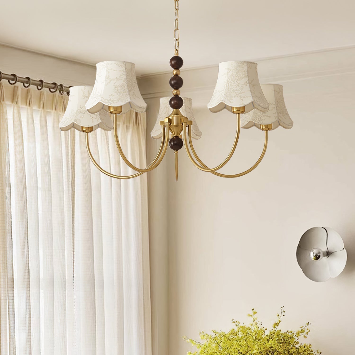 Elegant Modern Chandelier with White Fabric Shades and Walnut Wood Accents