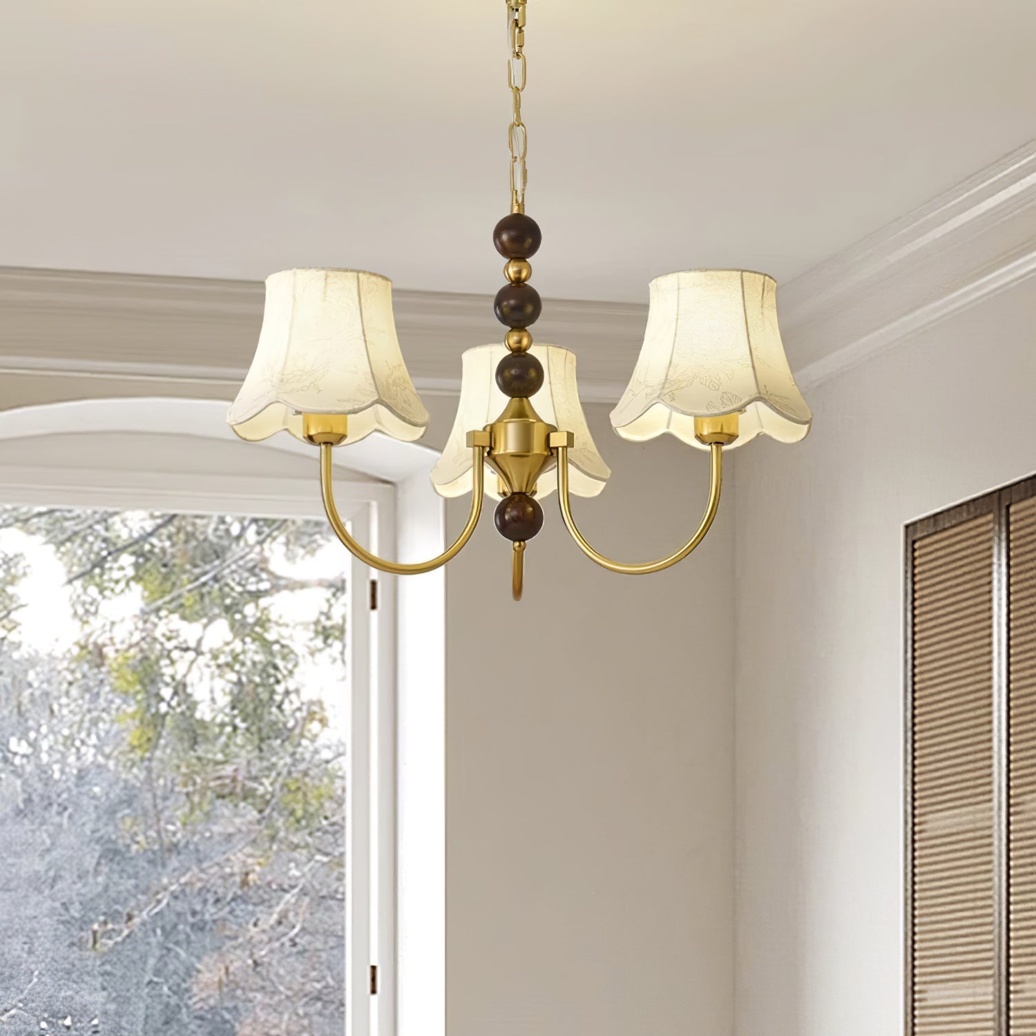 Elegant Modern Chandelier with White Fabric Shades and Walnut Wood Accents