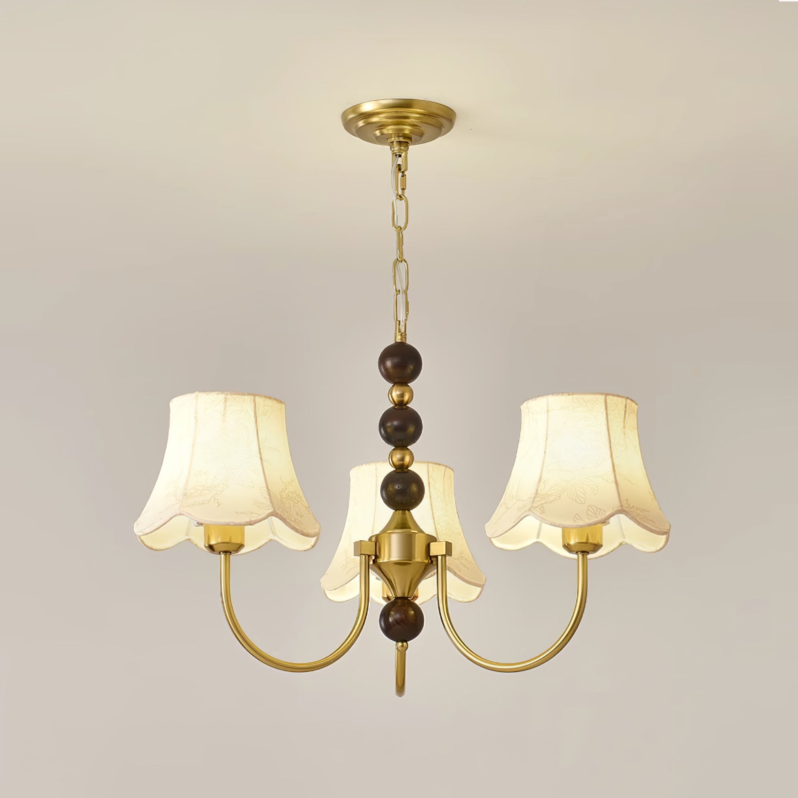 Elegant Modern Chandelier with White Fabric Shades and Walnut Wood Accents