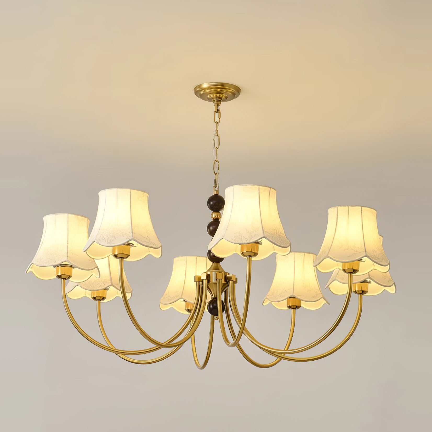 Elegant Modern Chandelier with White Fabric Shades and Walnut Wood Accents