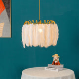 Elegant Modern Feather Pendant Light with Gold Metal Frame for Bedroom and Living Room