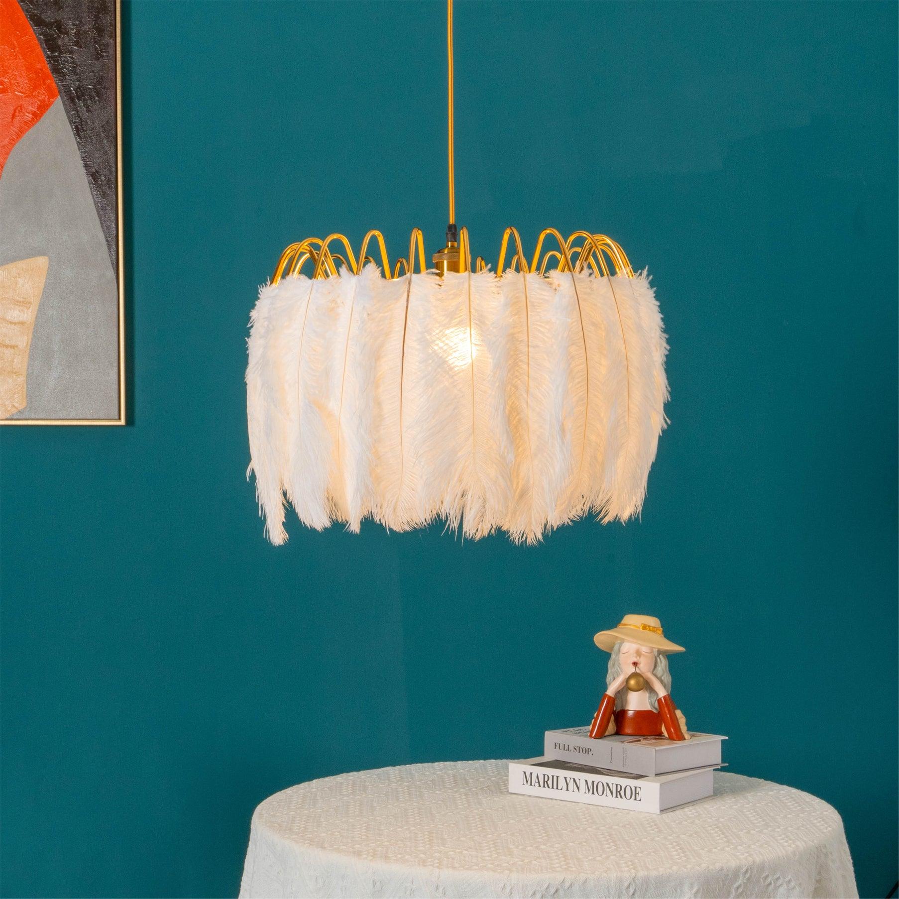Elegant Modern Feather Pendant Light with Gold Metal Frame for Bedroom and Living Room