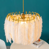 Elegant Modern Feather Pendant Light with Gold Metal Frame for Bedroom and Living Room