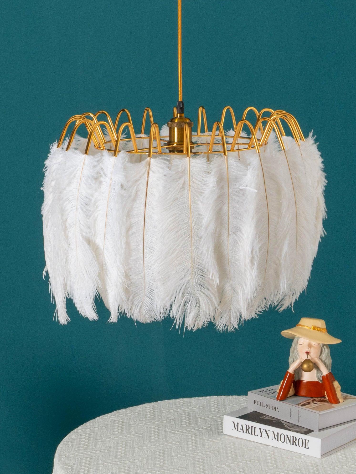 Elegant Modern Feather Pendant Light with Gold Metal Frame for Bedroom and Living Room