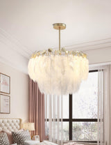 Elegant Modern Feather Pendant Light with Gold Metal Frame for Bedroom and Living Room