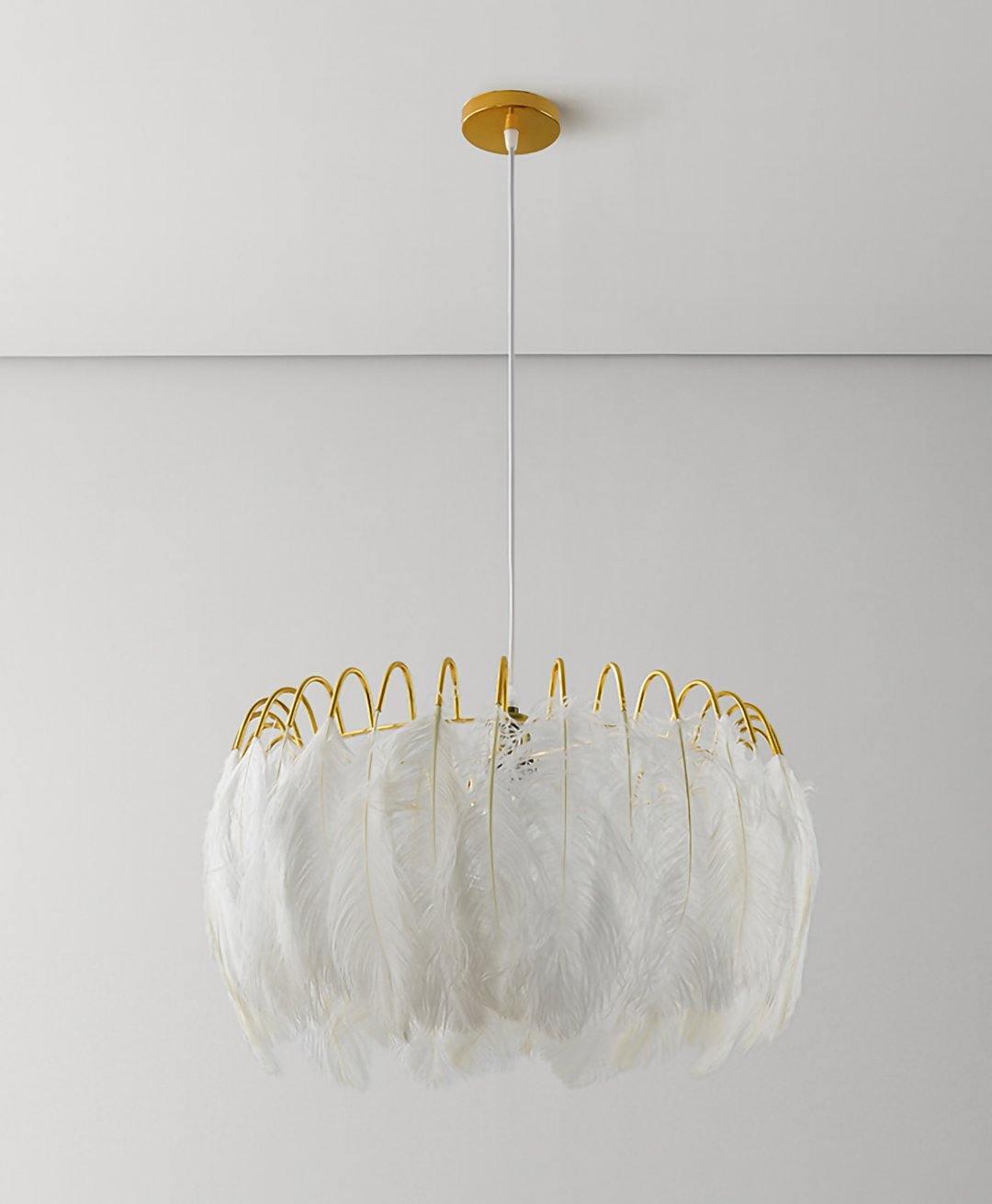Elegant Modern Feather Pendant Light with Gold Metal Frame for Bedroom and Living Room