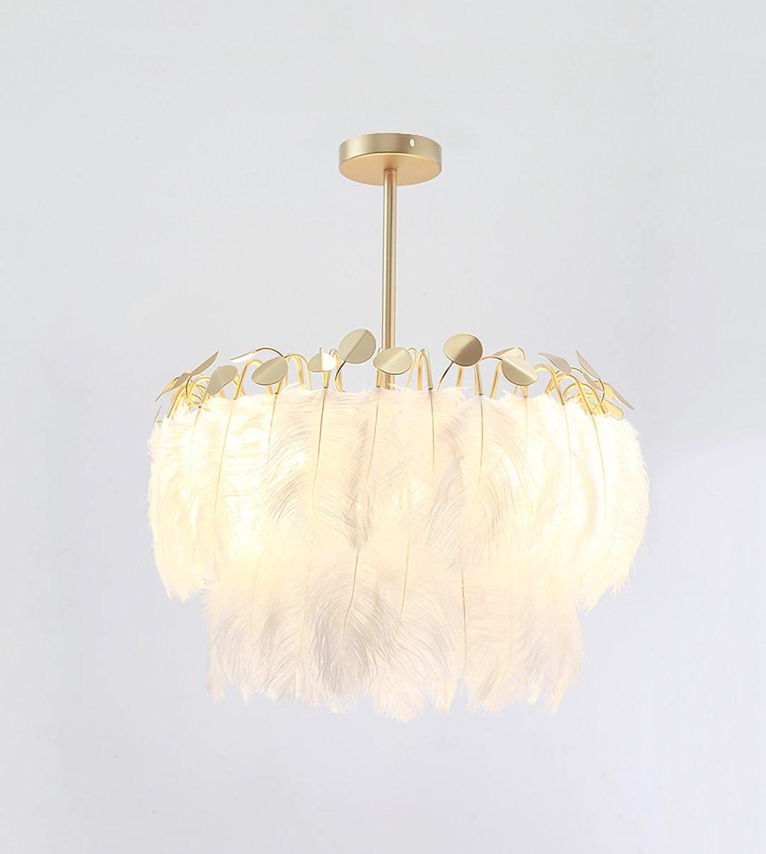 Elegant Modern Feather Pendant Light with Gold Metal Frame for Bedroom and Living Room