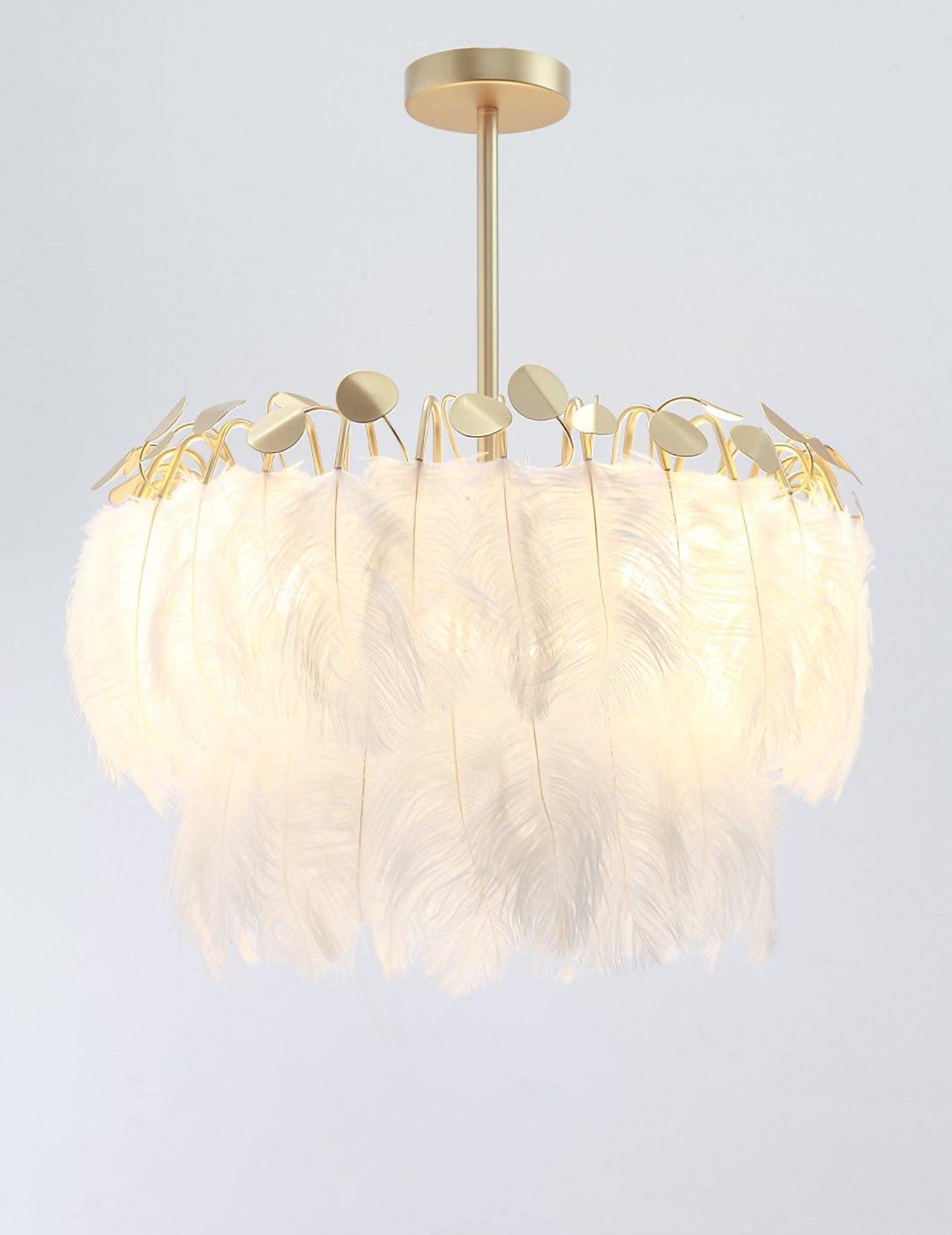 Elegant Modern Feather Pendant Light with Gold Metal Frame for Bedroom and Living Room