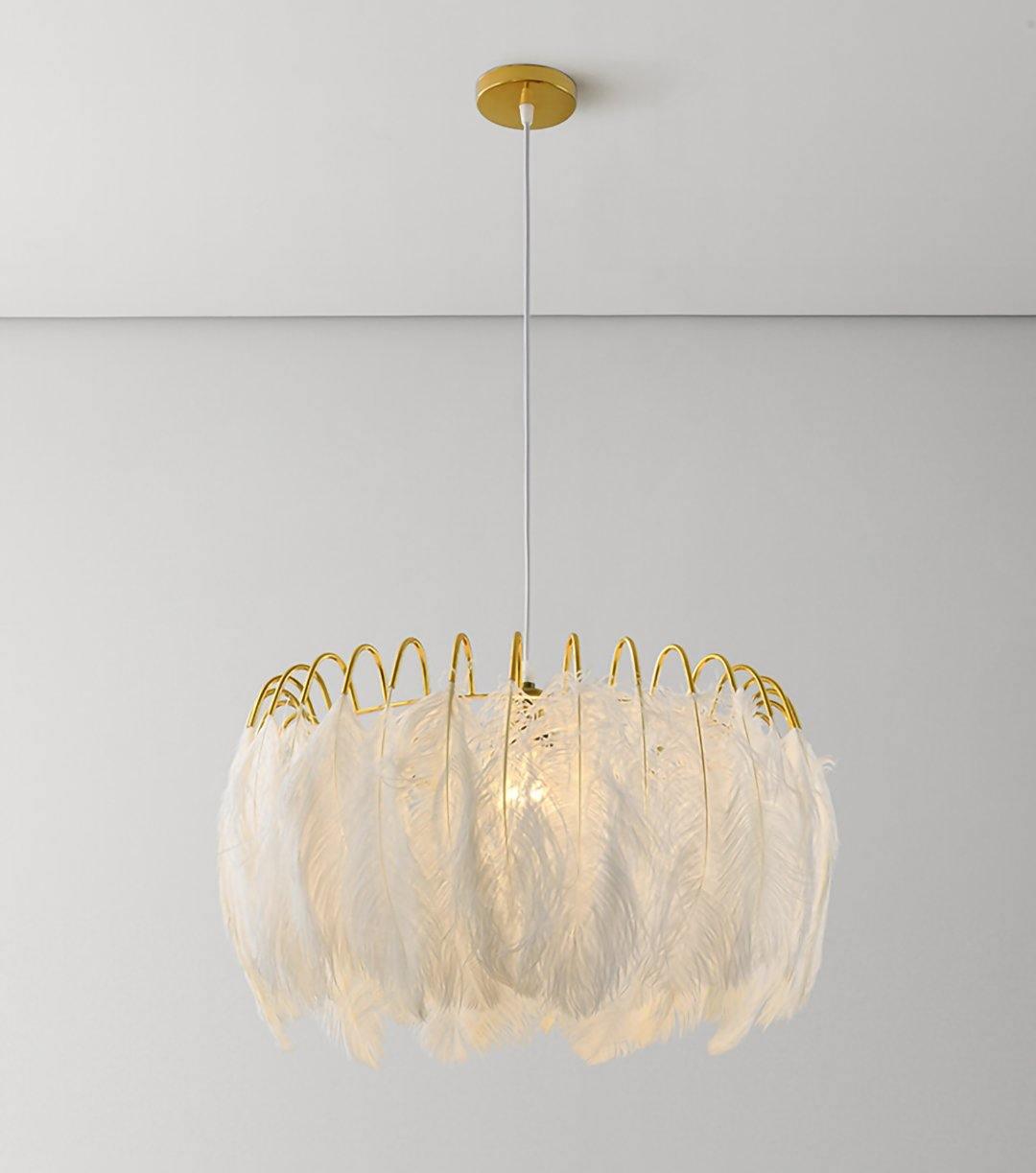 Elegant Modern Feather Pendant Light with Gold Metal Frame for Bedroom and Living Room