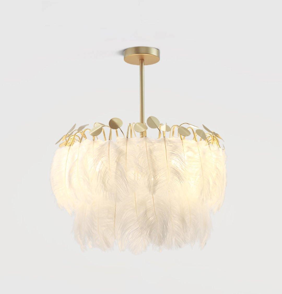 Elegant Modern Feather Pendant Light with Gold Metal Frame for Bedroom and Living Room