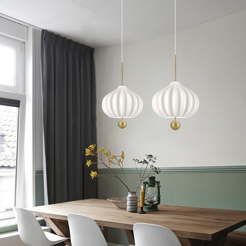 Elegant Mouth Blown Opal Glass Suspension Lamp with Satin Brass Accents