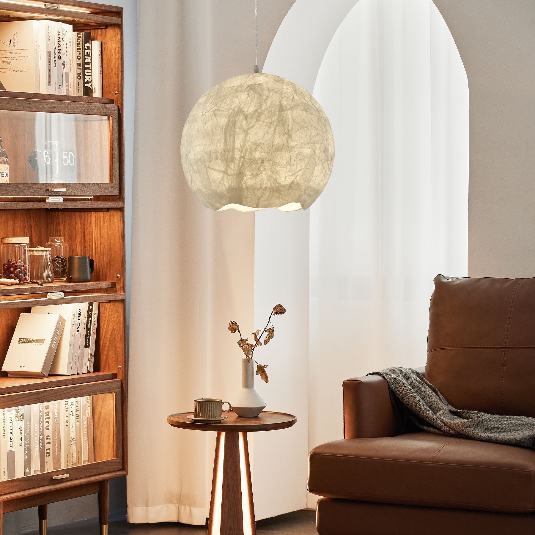 Elegant Mulberry Silk Moon Sphere Pendant Light Modern Indoor Hanging Lamp