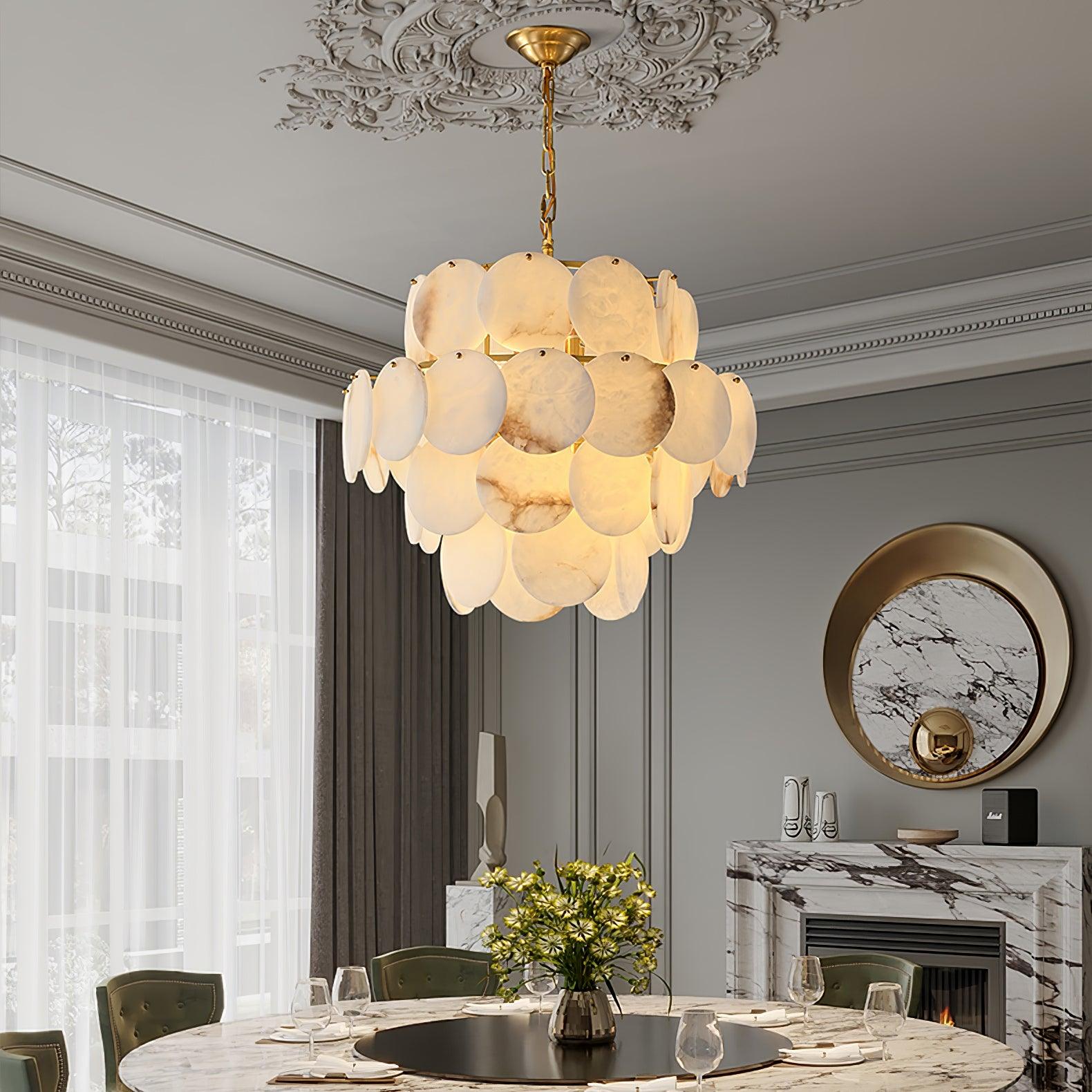 Elegant Natural Alabaster Shell Crown Chandelier Brass Multi Tier Luxury Pendant Light