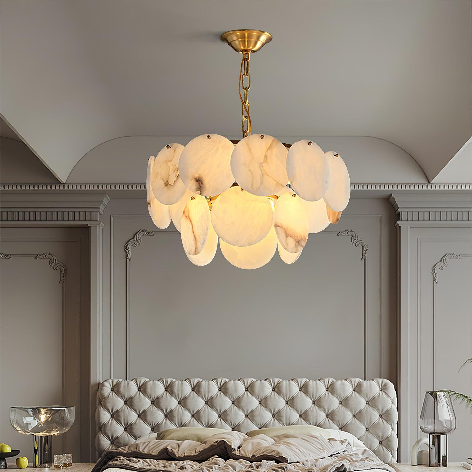 Elegant Natural Alabaster Shell Crown Chandelier Brass Multi Tier Luxury Pendant Light