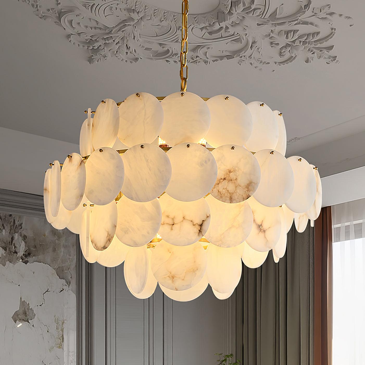 Elegant Natural Alabaster Shell Crown Chandelier Brass Multi Tier Luxury Pendant Light