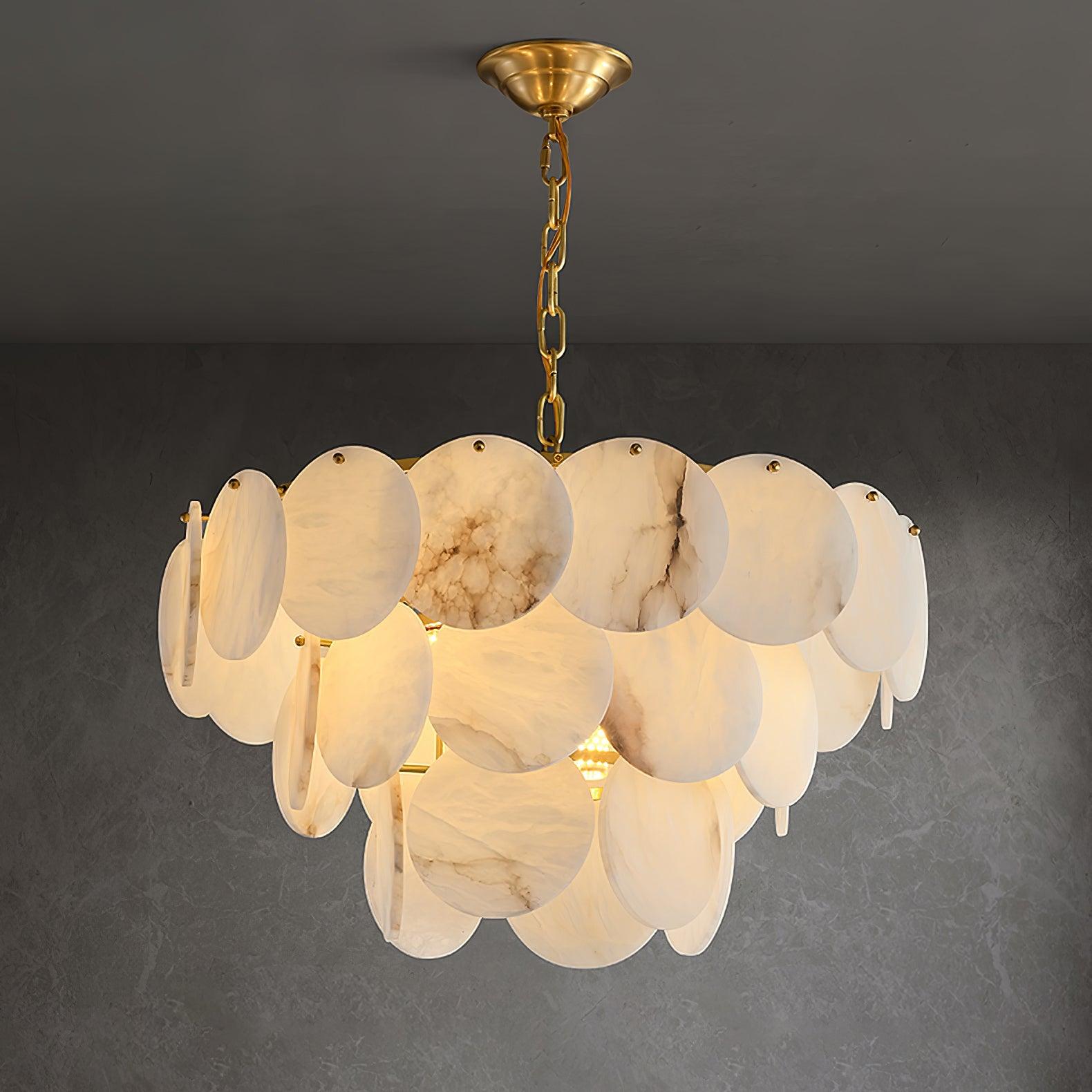 Elegant Natural Alabaster Shell Crown Chandelier Brass Multi Tier Luxury Pendant Light