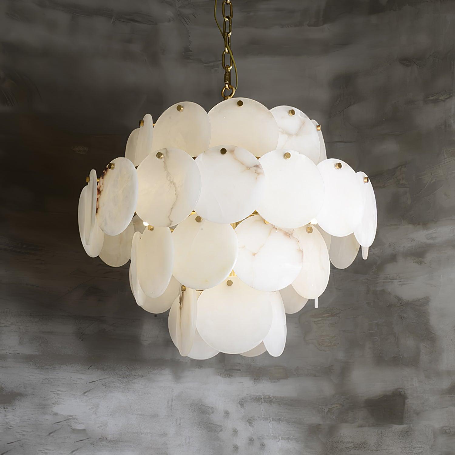 Elegant Natural Alabaster Shell Crown Chandelier Brass Multi Tier Luxury Pendant Light