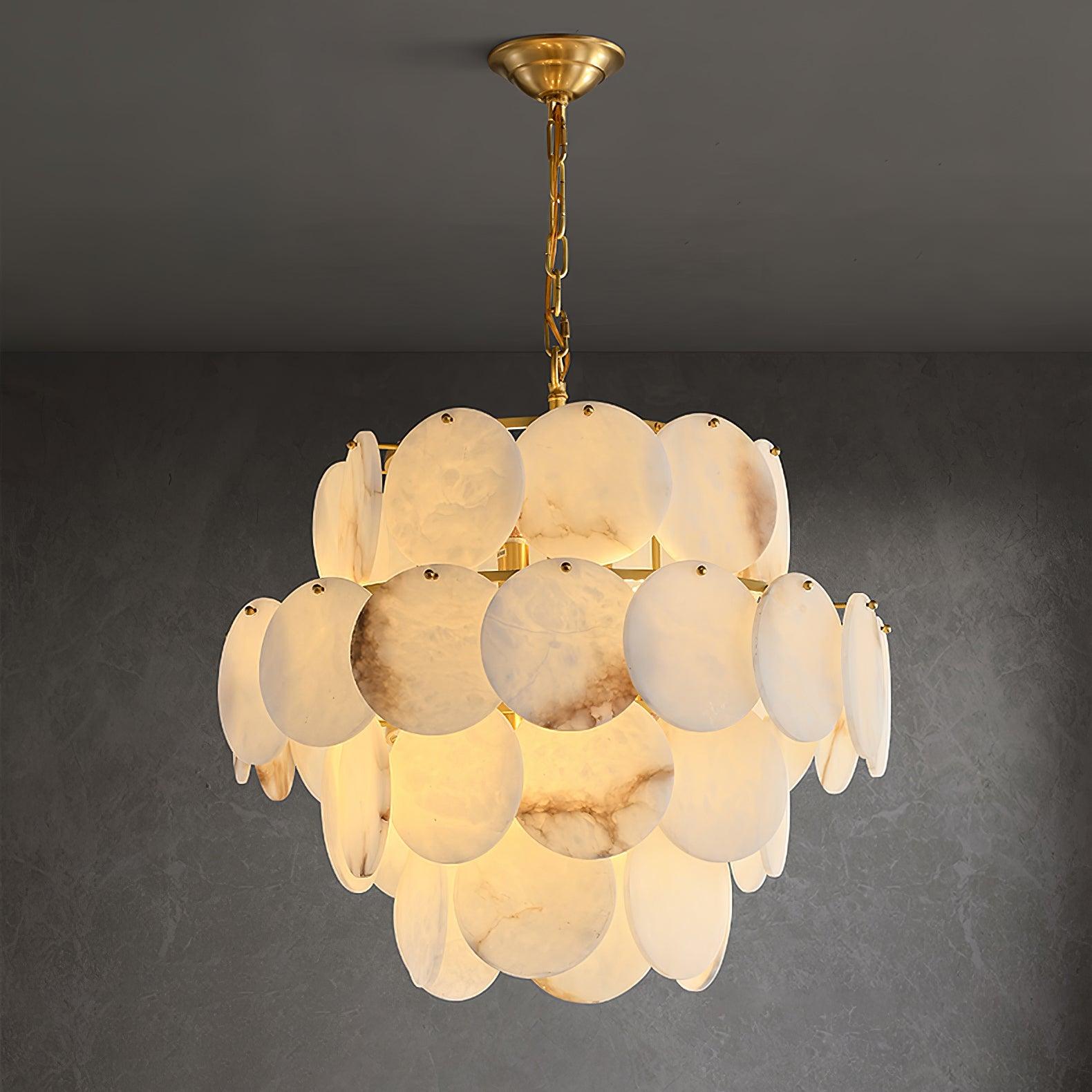 Elegant Natural Alabaster Shell Crown Chandelier Brass Multi Tier Luxury Pendant Light