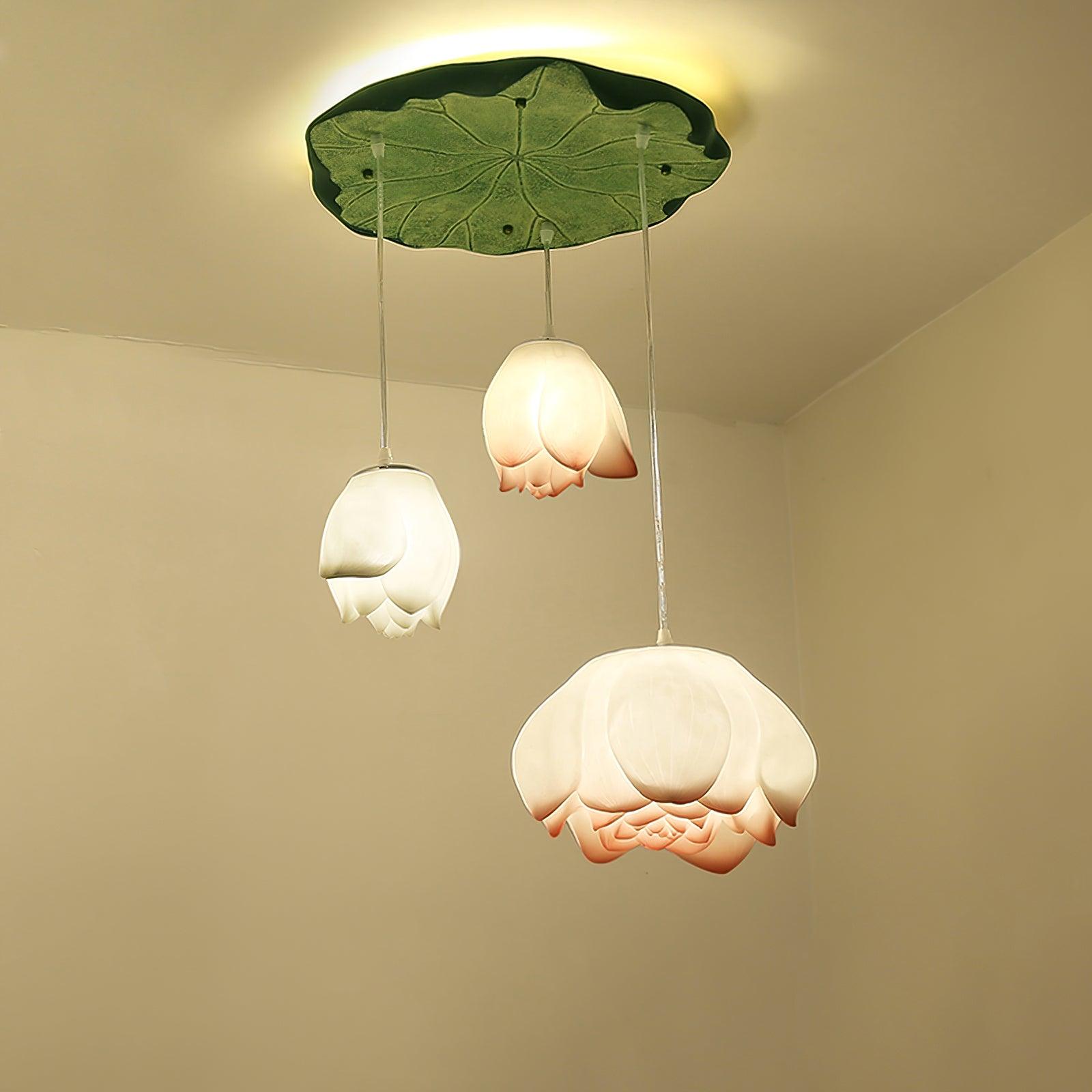 Elegant Pink and White Lotus Crown Floral Chandelier for Modern Living Spaces and Bedrooms