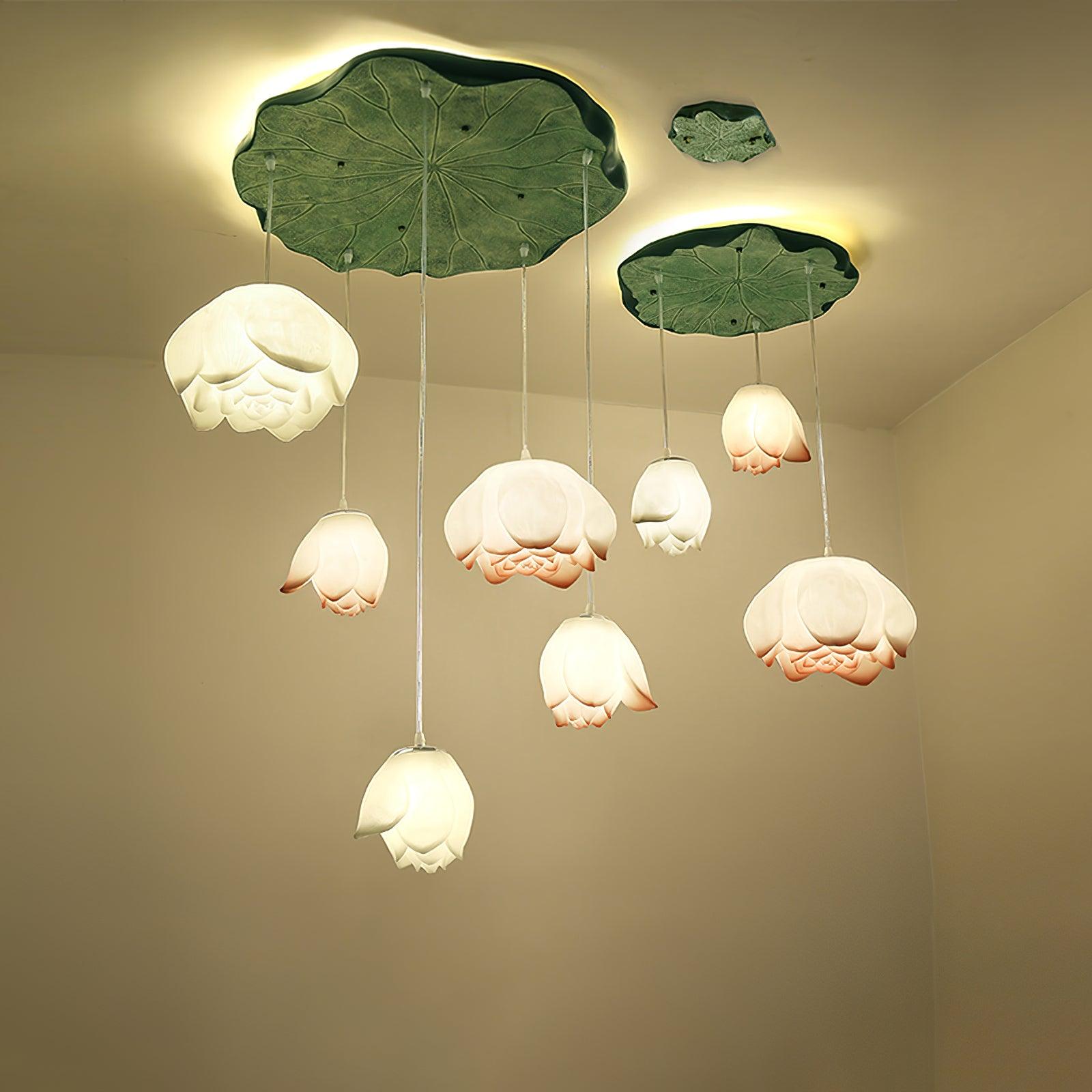 Elegant Pink and White Lotus Crown Floral Chandelier for Modern Living Spaces and Bedrooms