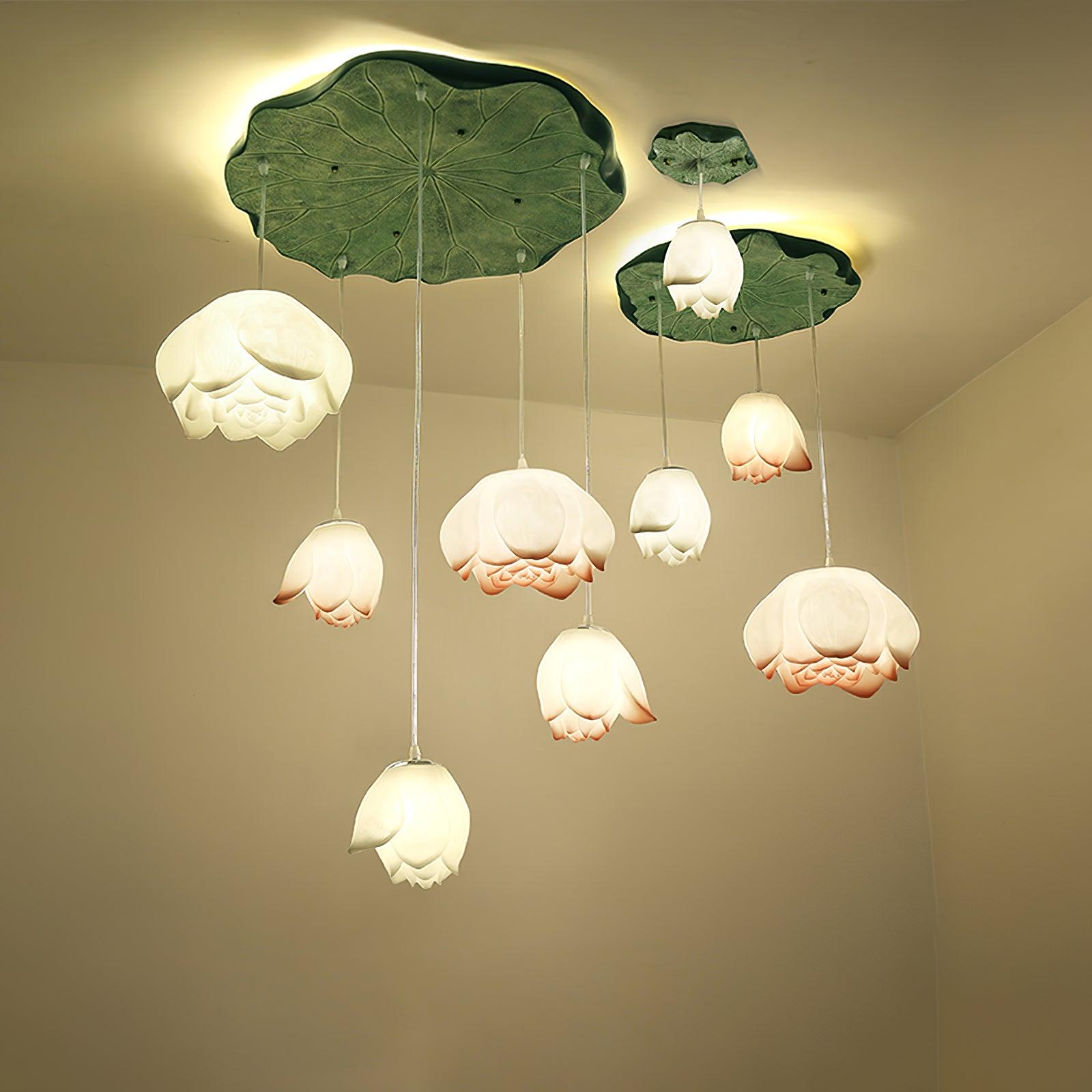 Elegant Pink and White Lotus Crown Floral Chandelier for Modern Living Spaces and Bedrooms