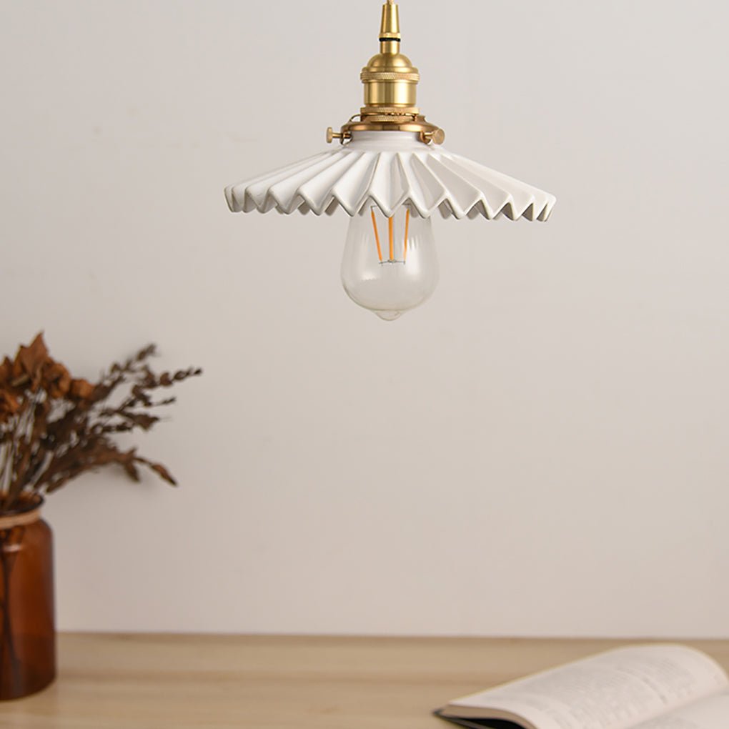 Elegant Pleated Ceramic LED Pendant Lighting Vintage Brass Hanging Light for Dining Table and Bedroom