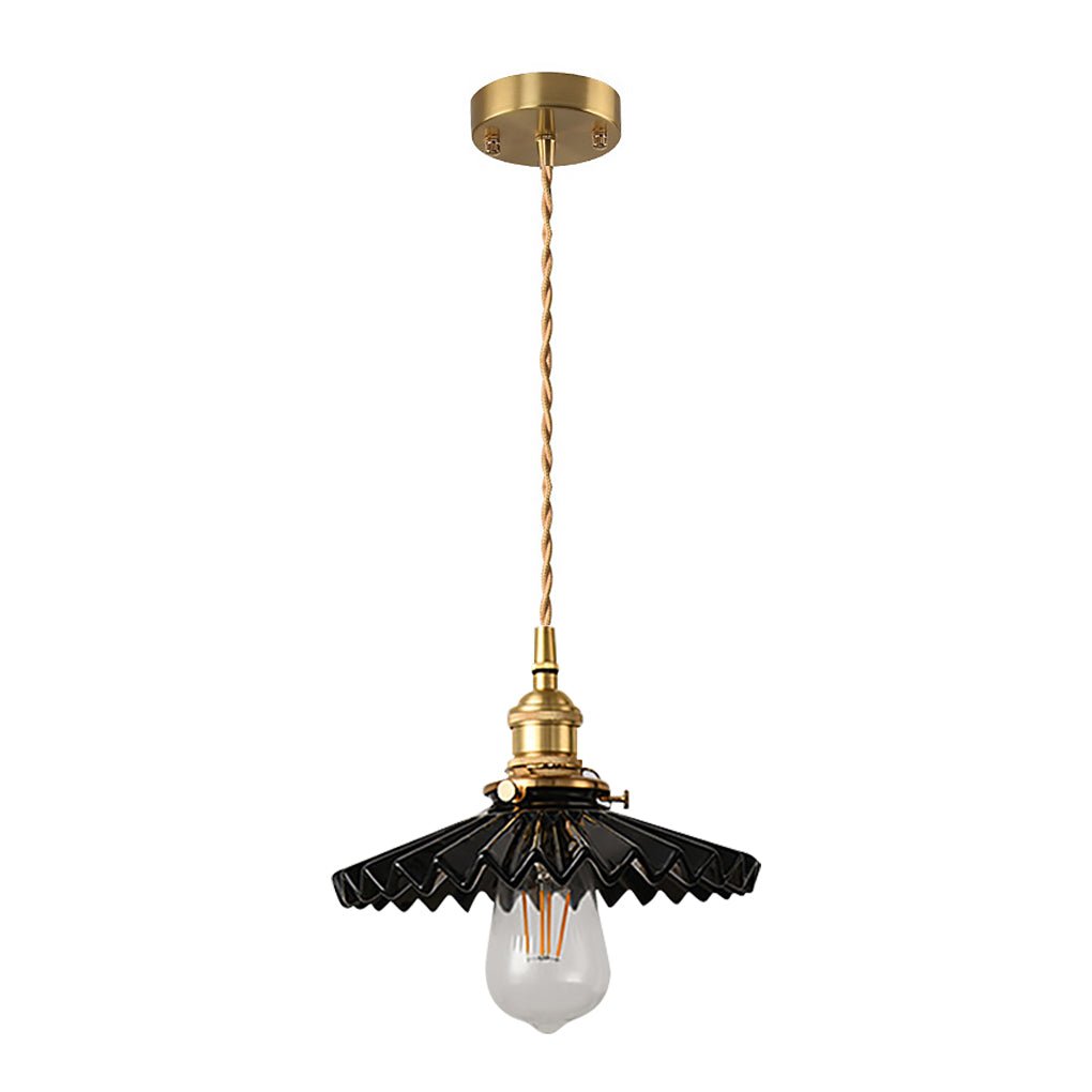Elegant Pleated Ceramic LED Pendant Lighting Vintage Brass Hanging Light for Dining Table and Bedroom