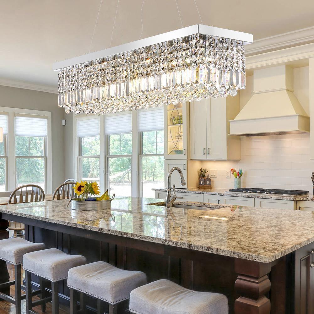 Elegant Rectangular K9 Crystal Raindrop Chandelier Chrome Pendant Light for Dining Areas