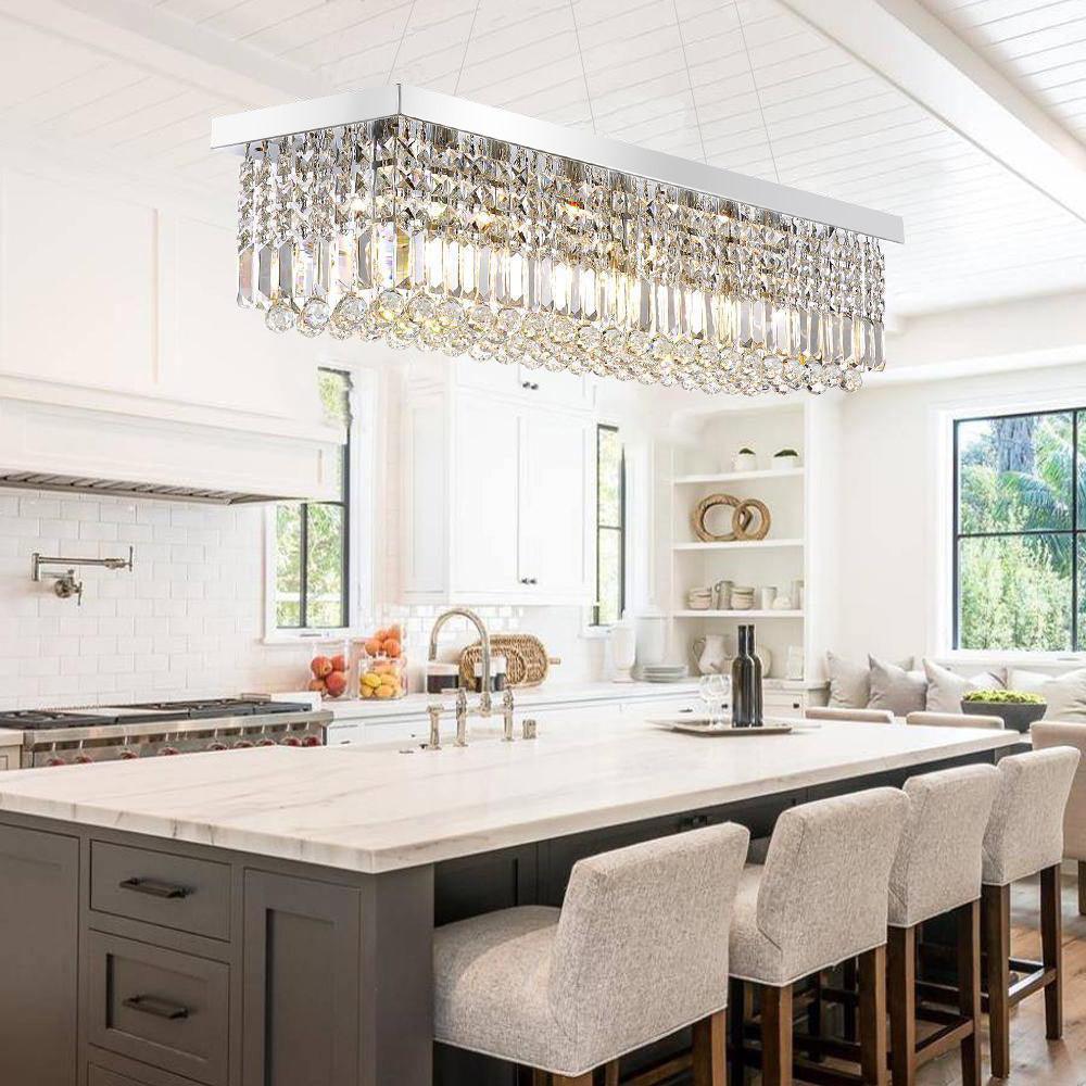Elegant Rectangular K9 Crystal Raindrop Chandelier Chrome Pendant Light for Dining Areas