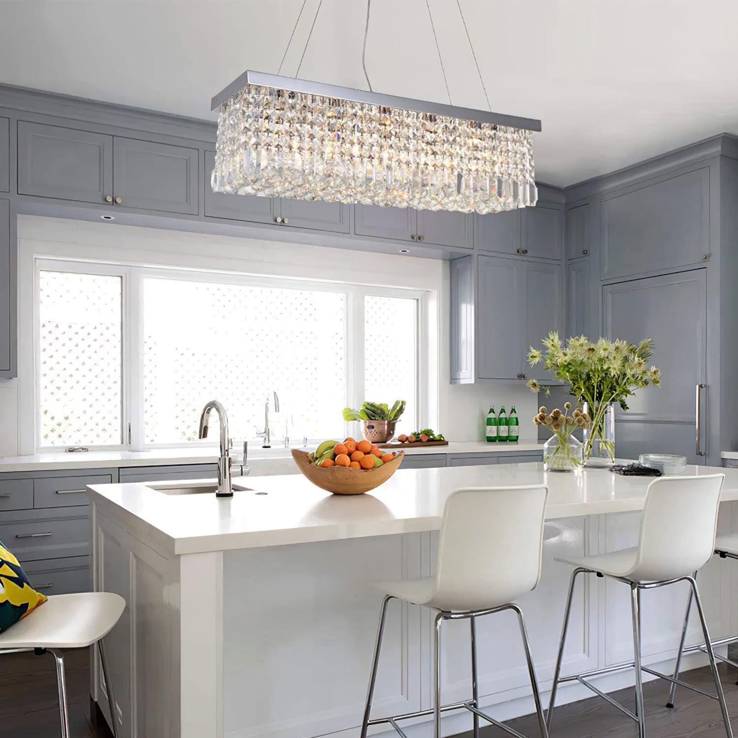 Elegant Rectangular K9 Crystal Raindrop Chandelier Chrome Pendant Light for Dining Areas