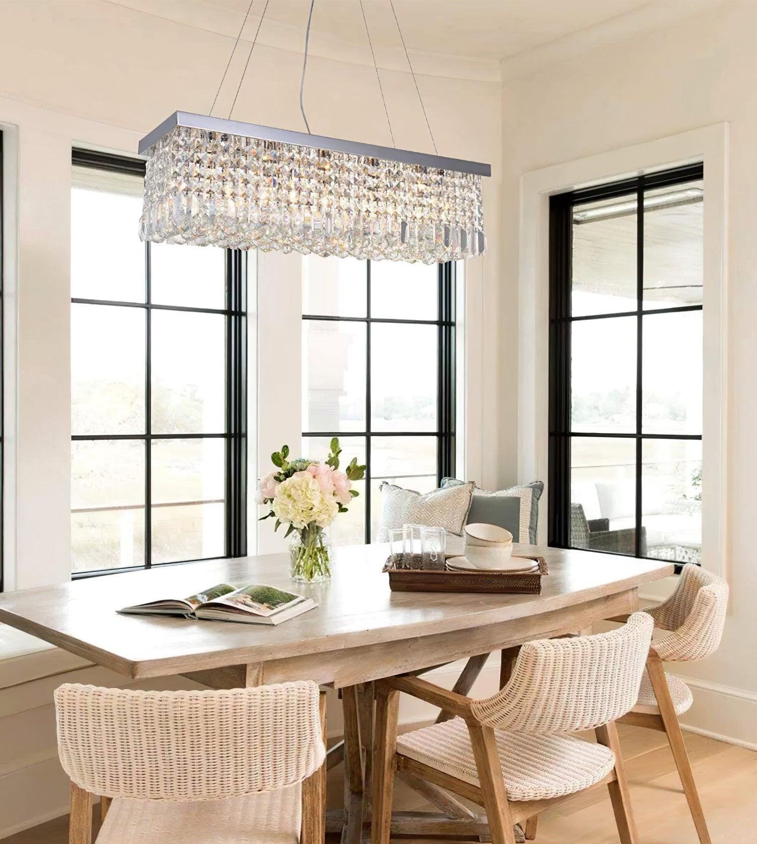 Elegant Rectangular K9 Crystal Raindrop Chandelier Chrome Pendant Light for Dining Areas