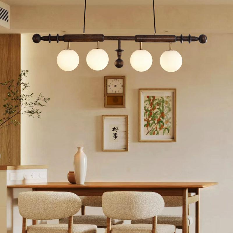 Elegant Roman Column Crown Chandelier in Walnut Wood and White Glass for Dining Room