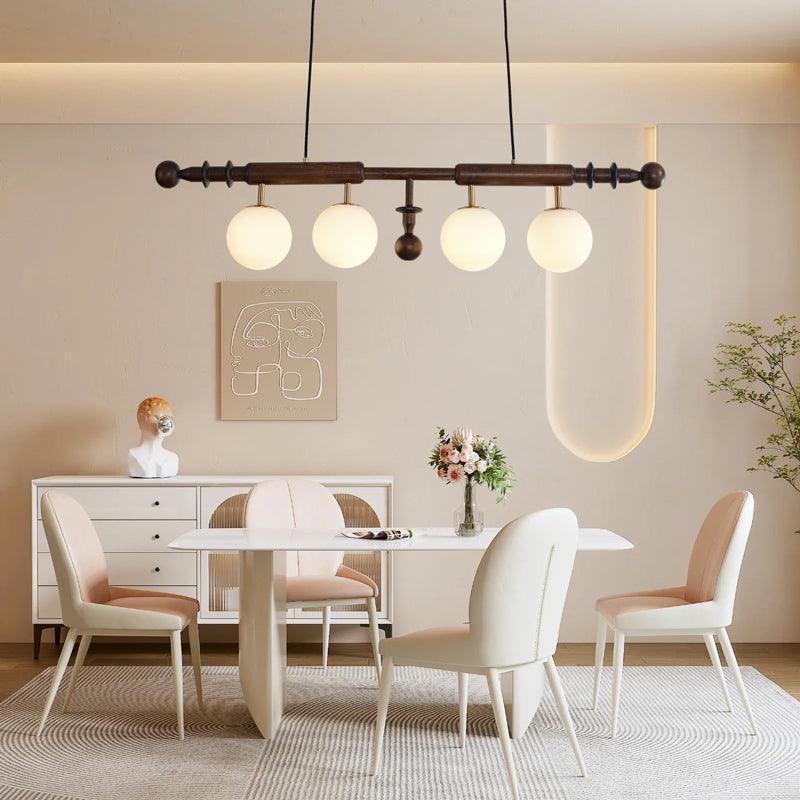 Elegant Roman Column Crown Chandelier in Walnut Wood and White Glass for Dining Room