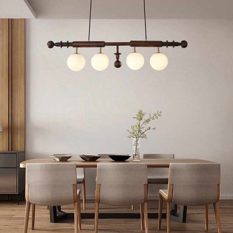 Elegant Roman Column Crown Chandelier in Walnut Wood and White Glass for Dining Room