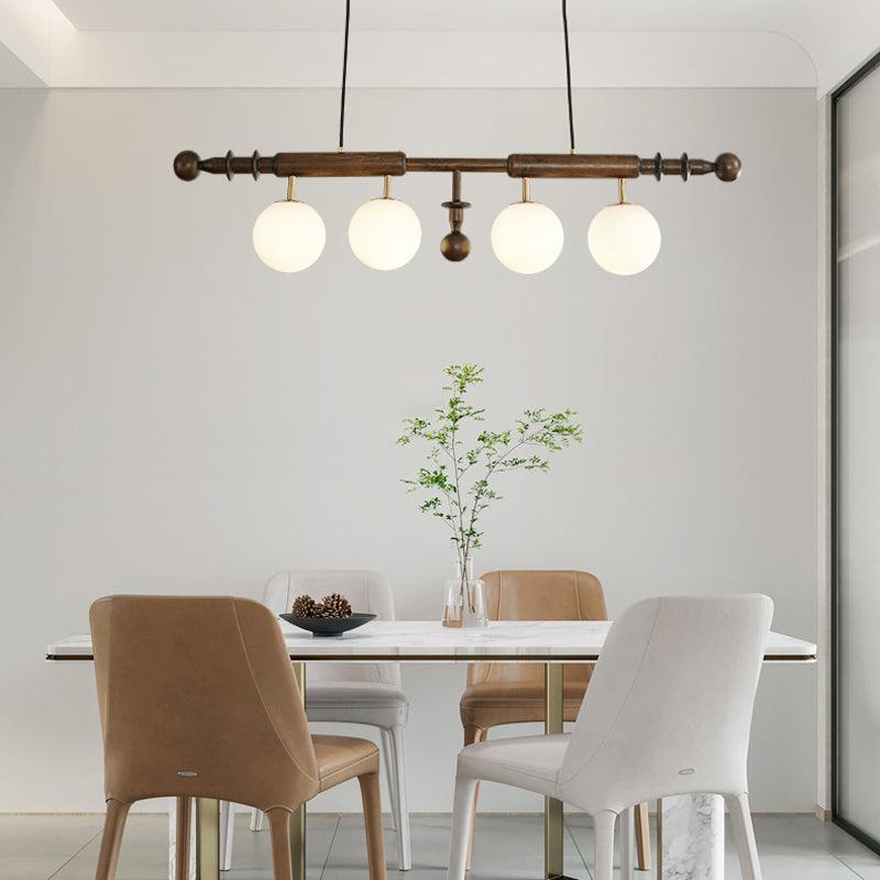 Elegant Roman Column Crown Chandelier in Walnut Wood and White Glass for Dining Room