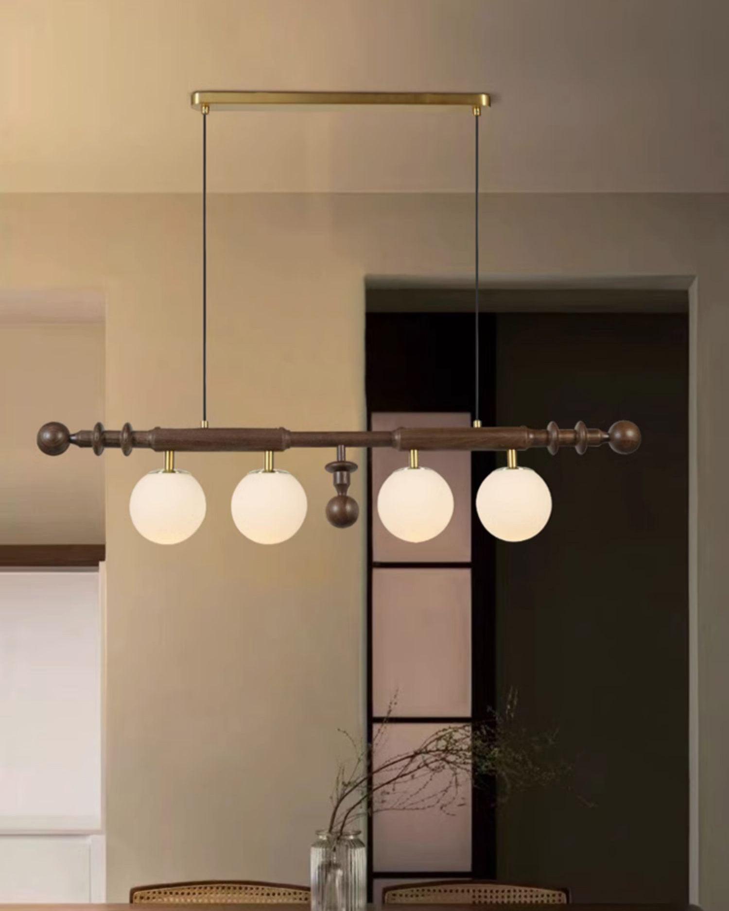 Elegant Roman Column Crown Chandelier in Walnut Wood and White Glass for Dining Room