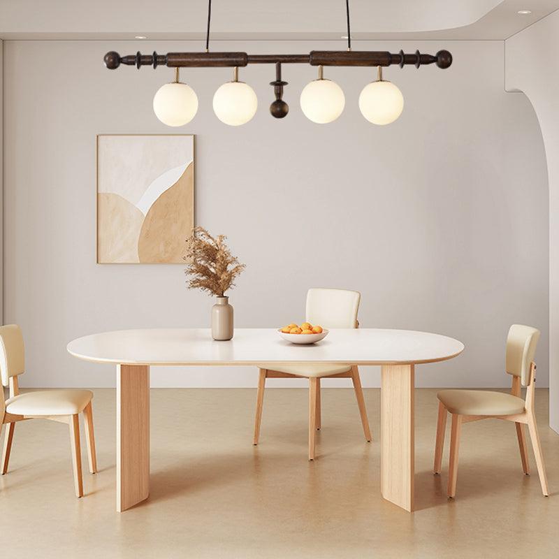Elegant Roman Column Crown Chandelier in Walnut Wood and White Glass for Dining Room
