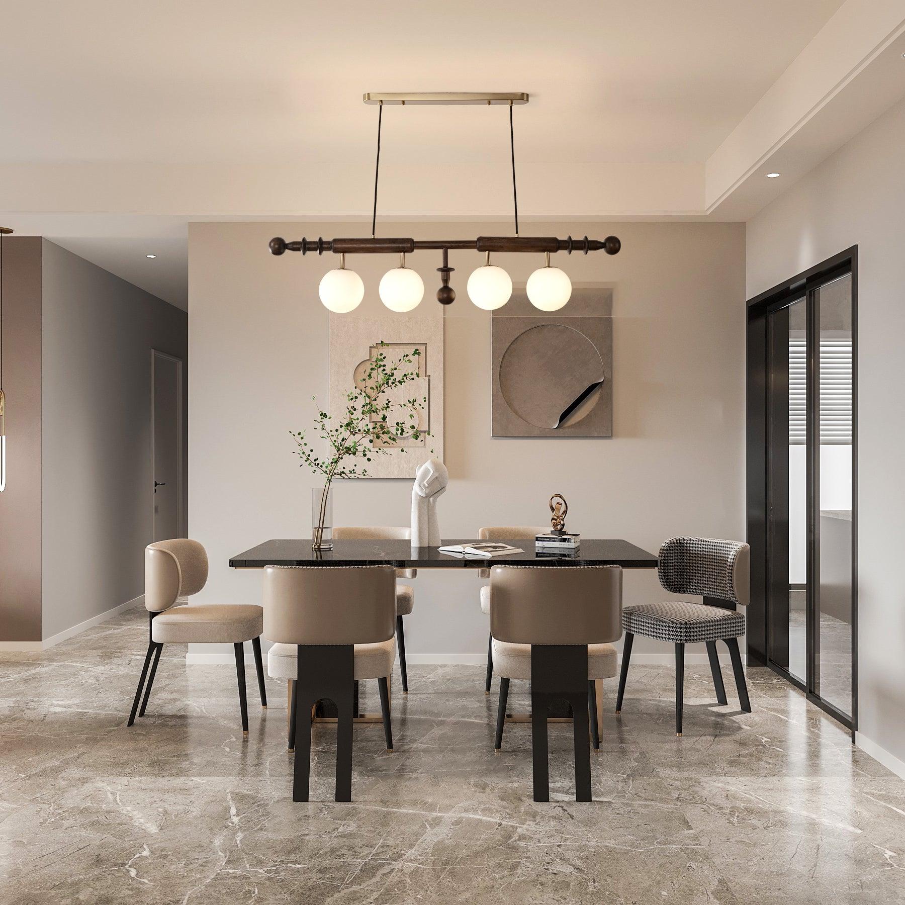 Elegant Roman Column Crown Chandelier in Walnut Wood and White Glass for Dining Room