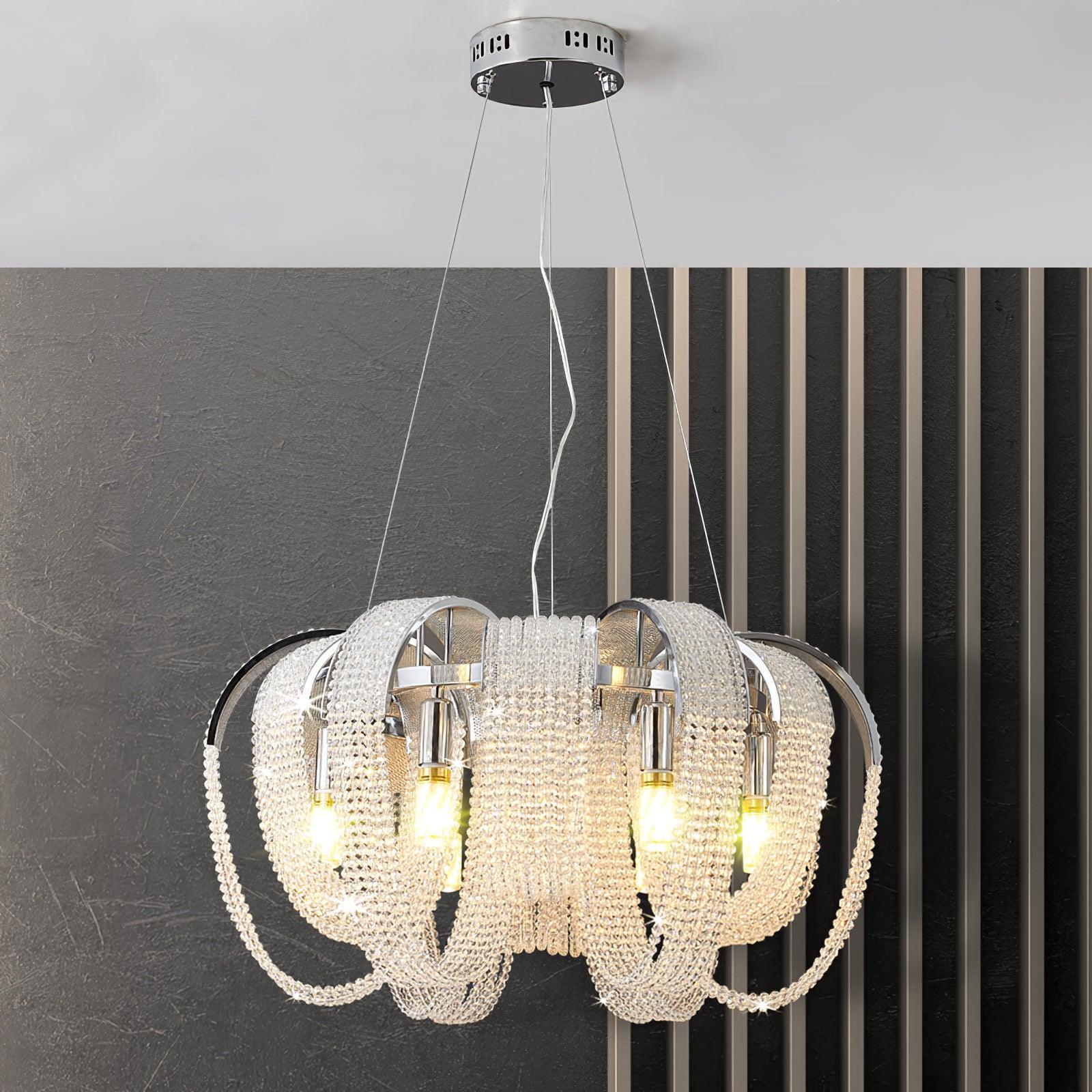 Elegant Rose Gold Mesh Crystal Chandelier Round Cascading Tiered Pendant Lighting