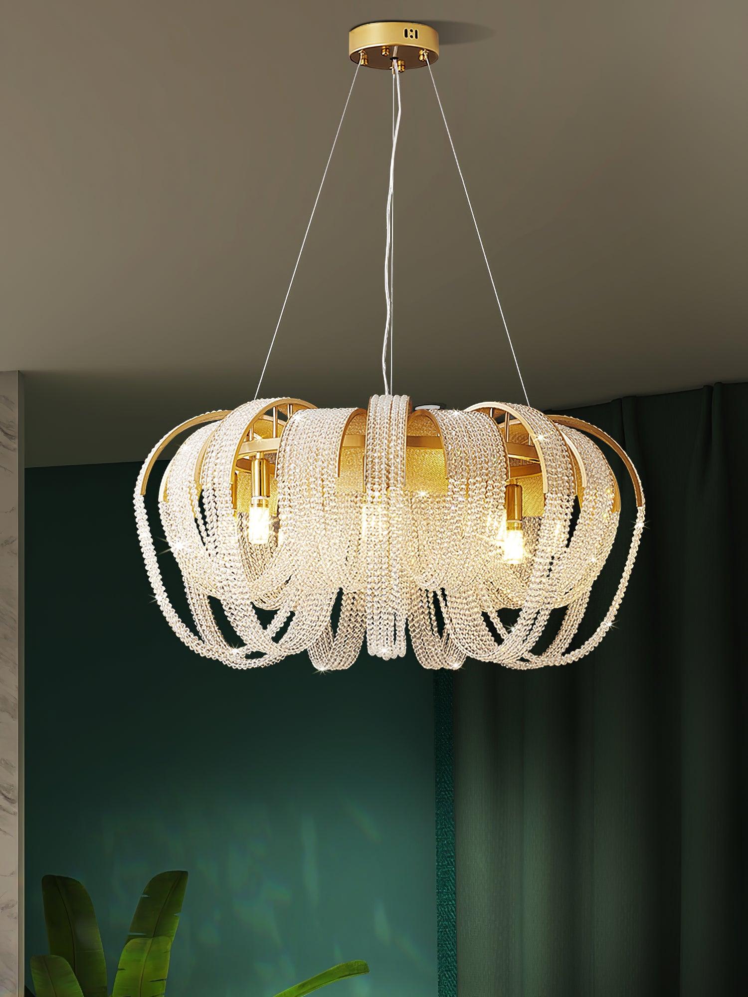 Elegant Rose Gold Mesh Crystal Chandelier Round Cascading Tiered Pendant Lighting