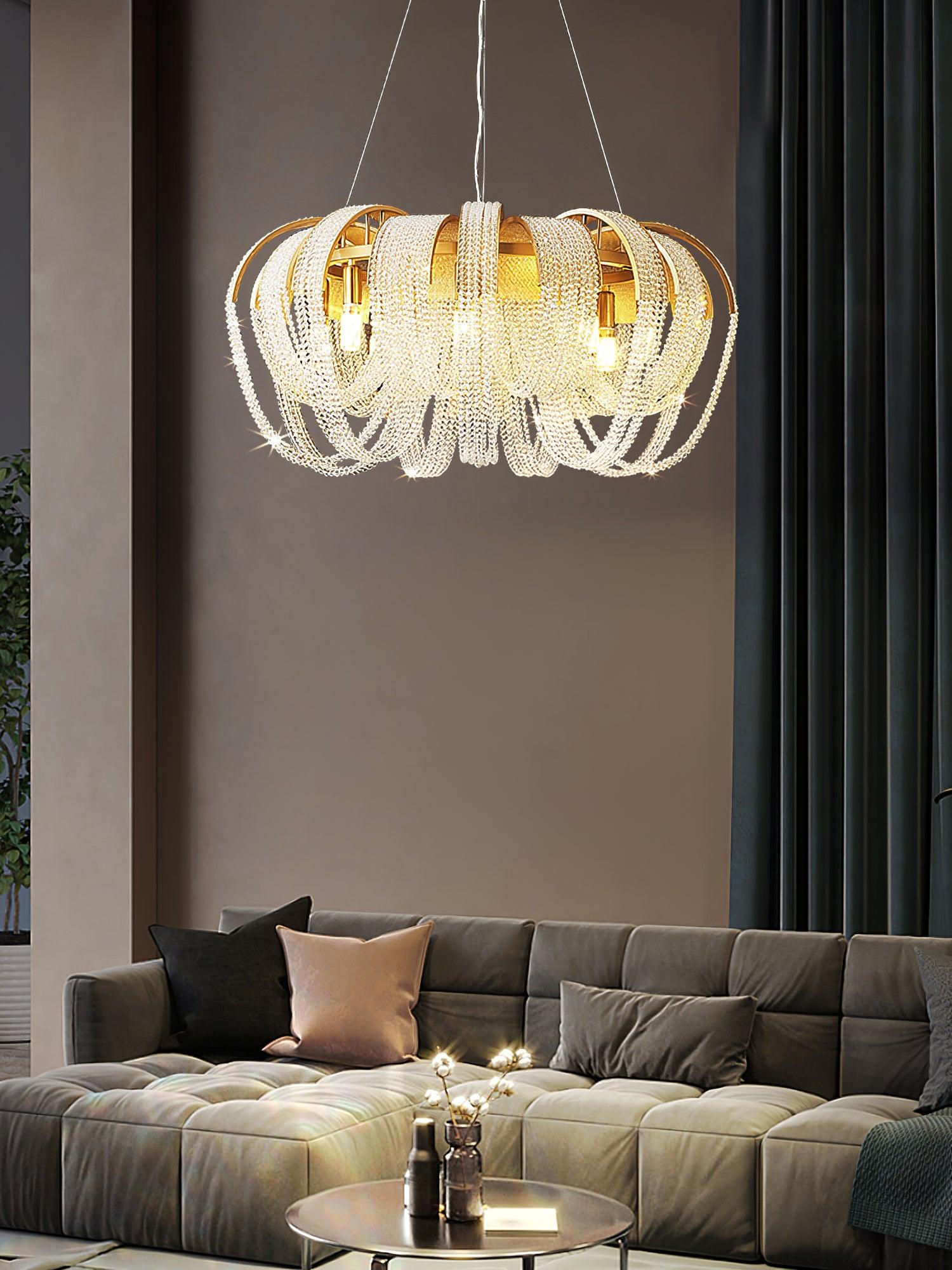 Elegant Rose Gold Mesh Crystal Chandelier Round Cascading Tiered Pendant Lighting