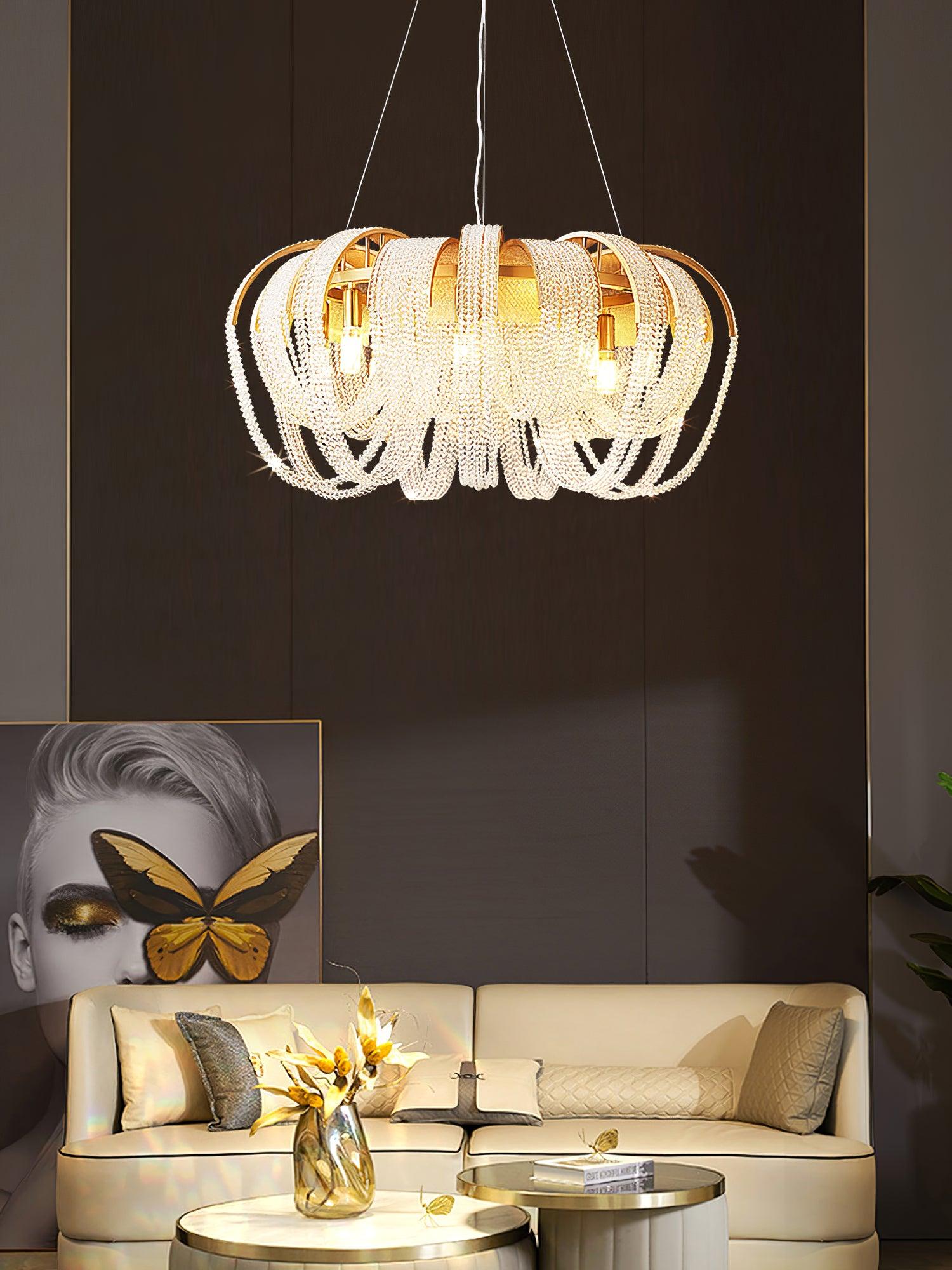 Elegant Rose Gold Mesh Crystal Chandelier Round Cascading Tiered Pendant Lighting