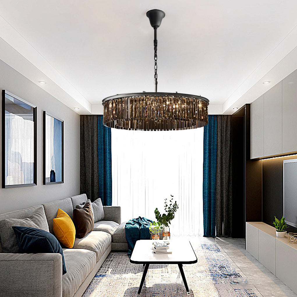 Elegant Round Metal Crystal Strip Pendant Light American Style Hanging Chandelier