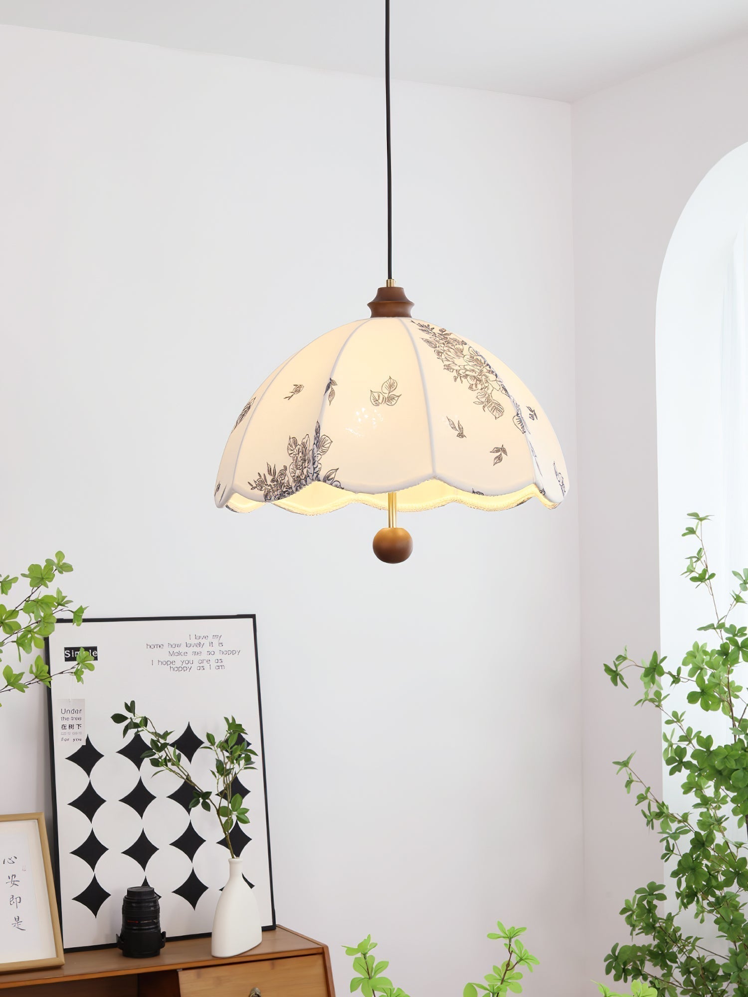 Elegant Scalloped Petal Fabric Pendant Light with Walnut Wood Accents and Soft Diffused Glow
