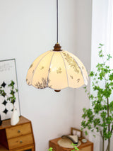 Elegant Scalloped Petal Fabric Pendant Light with Walnut Wood Accents and Soft Diffused Glow